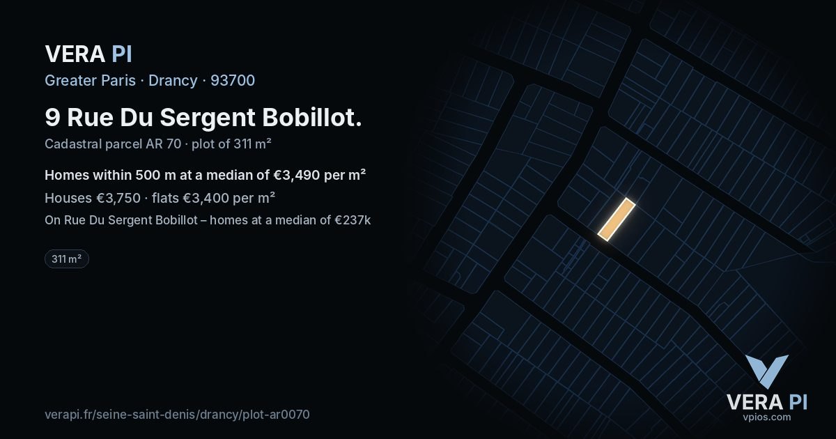 9 Rue Du Sergent Bobillot, Drancy at night – the plot lit, the parcels around coloured by the prices near them