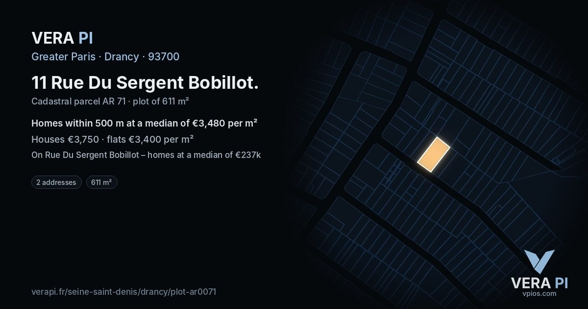 11 Rue Du Sergent Bobillot, Drancy at night – the plot lit, the parcels around coloured by the prices near them