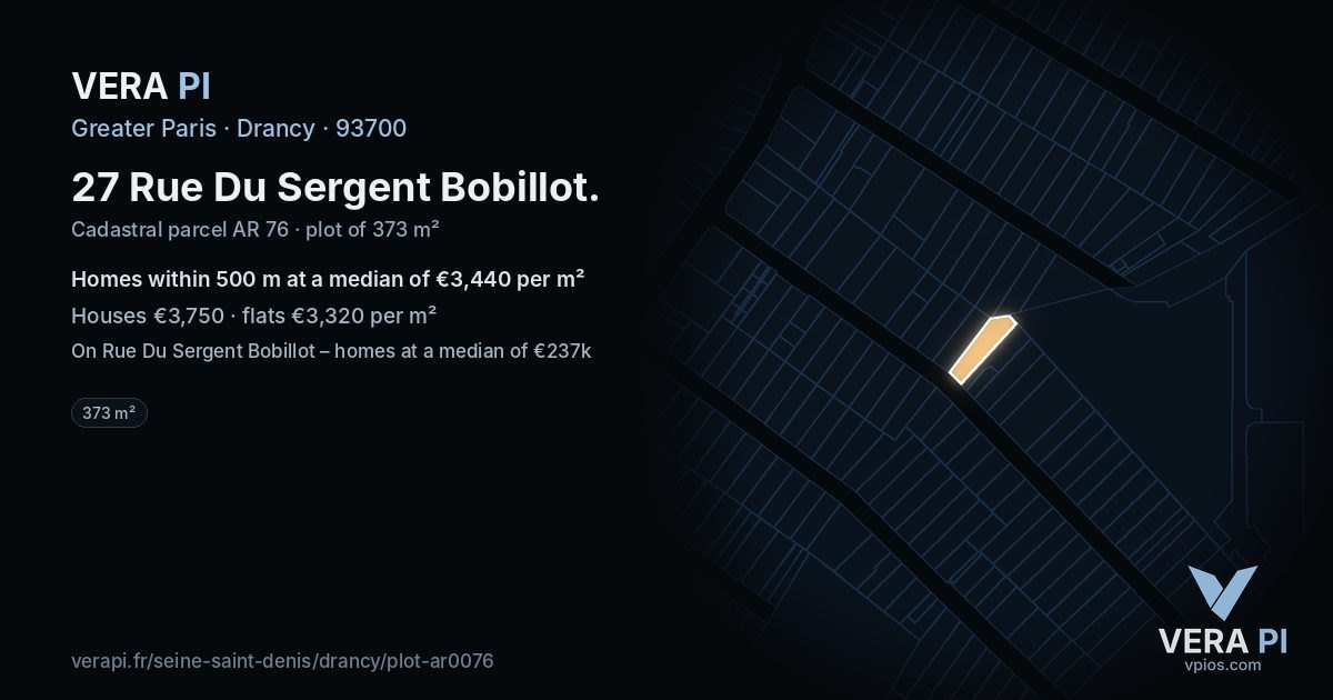 27 Rue Du Sergent Bobillot, Drancy at night – the plot lit, the parcels around coloured by the prices near them