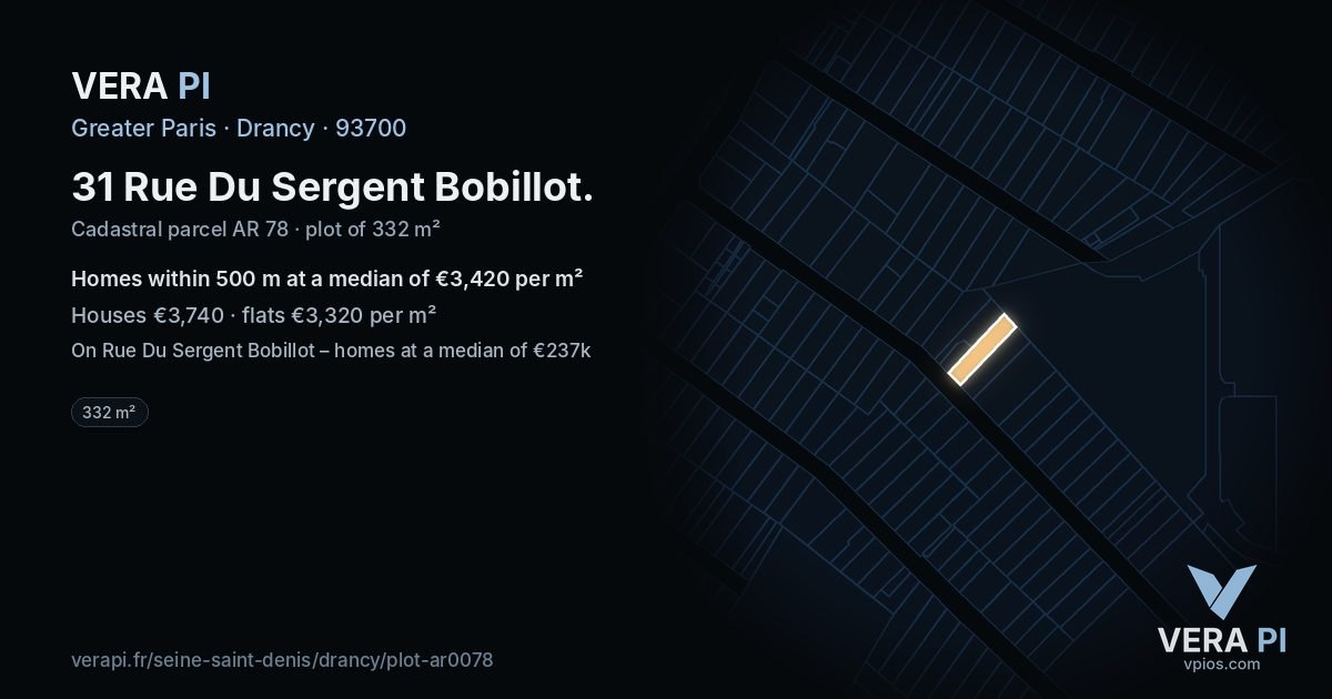 31 Rue Du Sergent Bobillot, Drancy at night – the plot lit, the parcels around coloured by the prices near them