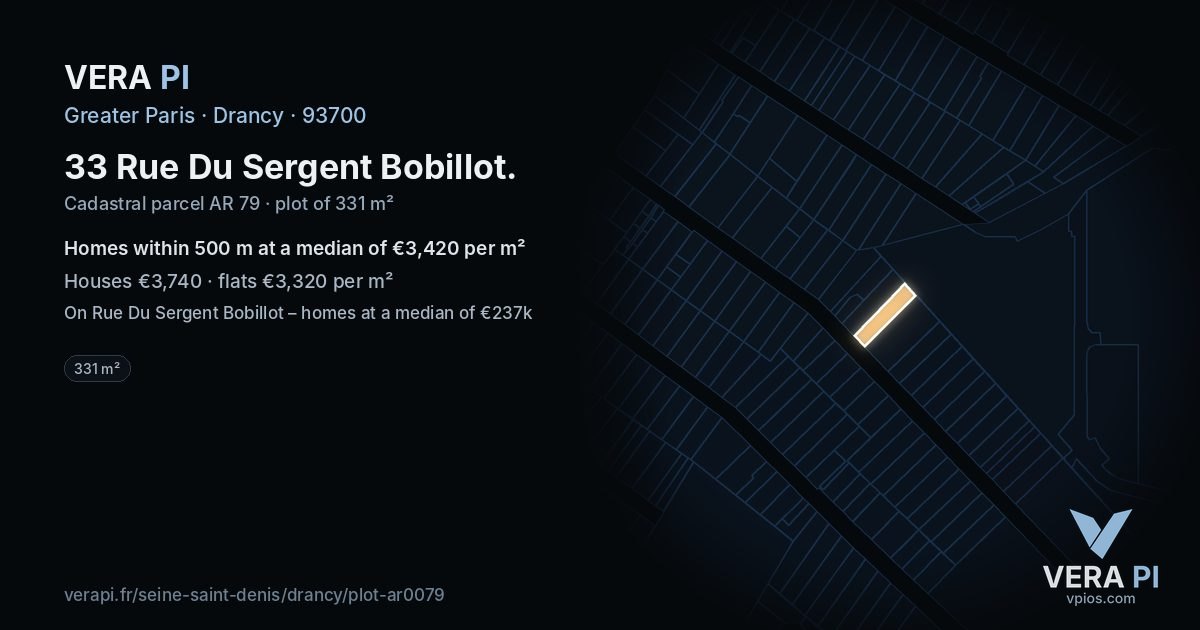 33 Rue Du Sergent Bobillot, Drancy at night – the plot lit, the parcels around coloured by the prices near them