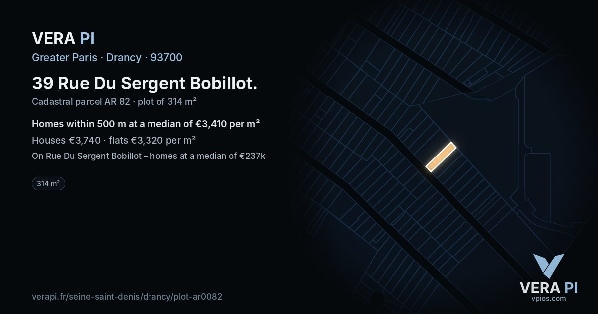 39 Rue Du Sergent Bobillot, Drancy at night – the plot lit, the parcels around coloured by the prices near them