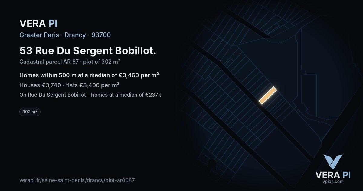 53 Rue Du Sergent Bobillot, Drancy at night – the plot lit, the parcels around coloured by the prices near them