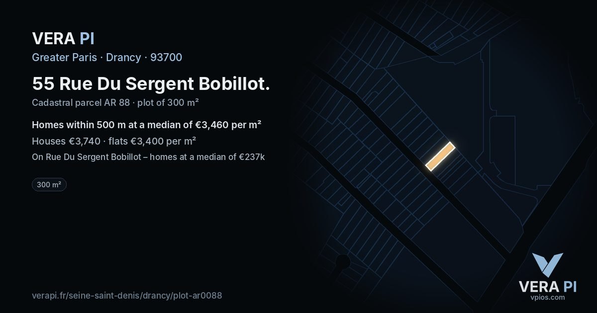 55 Rue Du Sergent Bobillot, Drancy at night – the plot lit, the parcels around coloured by the prices near them