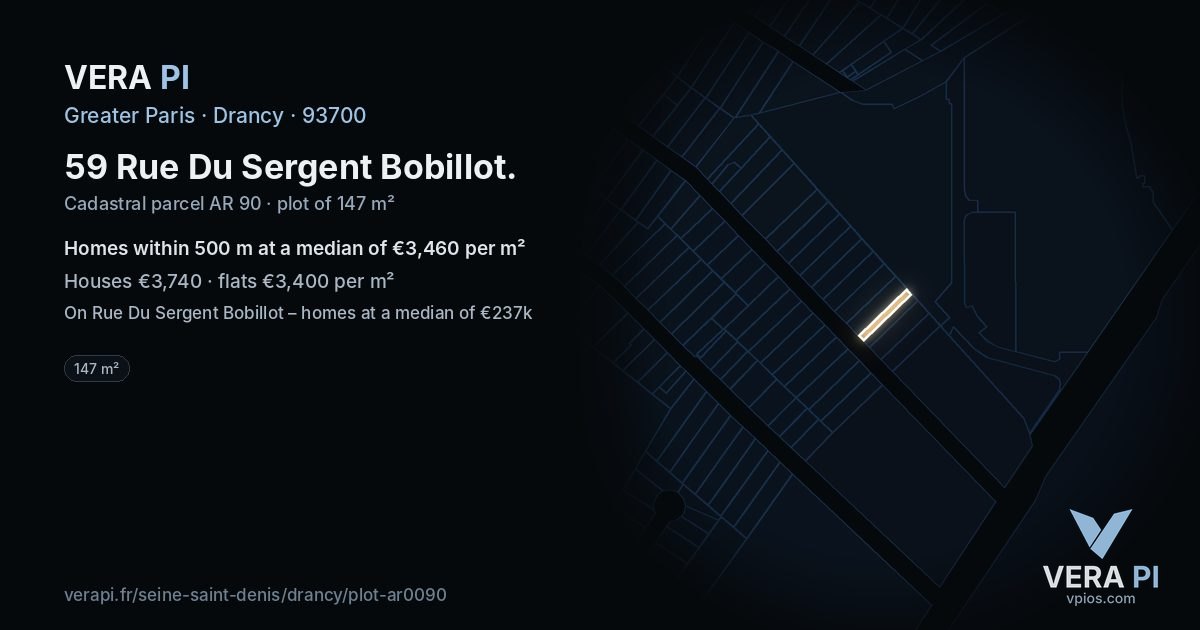 59 Rue Du Sergent Bobillot, Drancy at night – the plot lit, the parcels around coloured by the prices near them