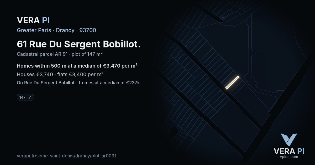 61 Rue Du Sergent Bobillot, Drancy at night – the plot lit, the parcels around coloured by the prices near them