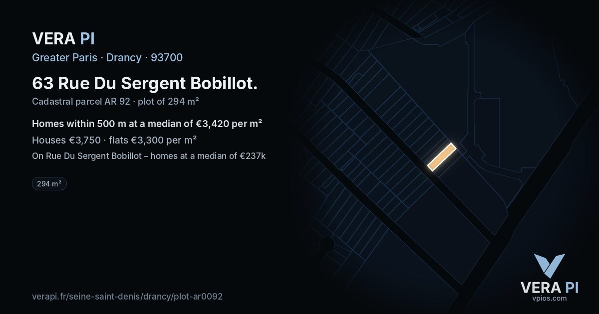 63 Rue Du Sergent Bobillot, Drancy at night – the plot lit, the parcels around coloured by the prices near them