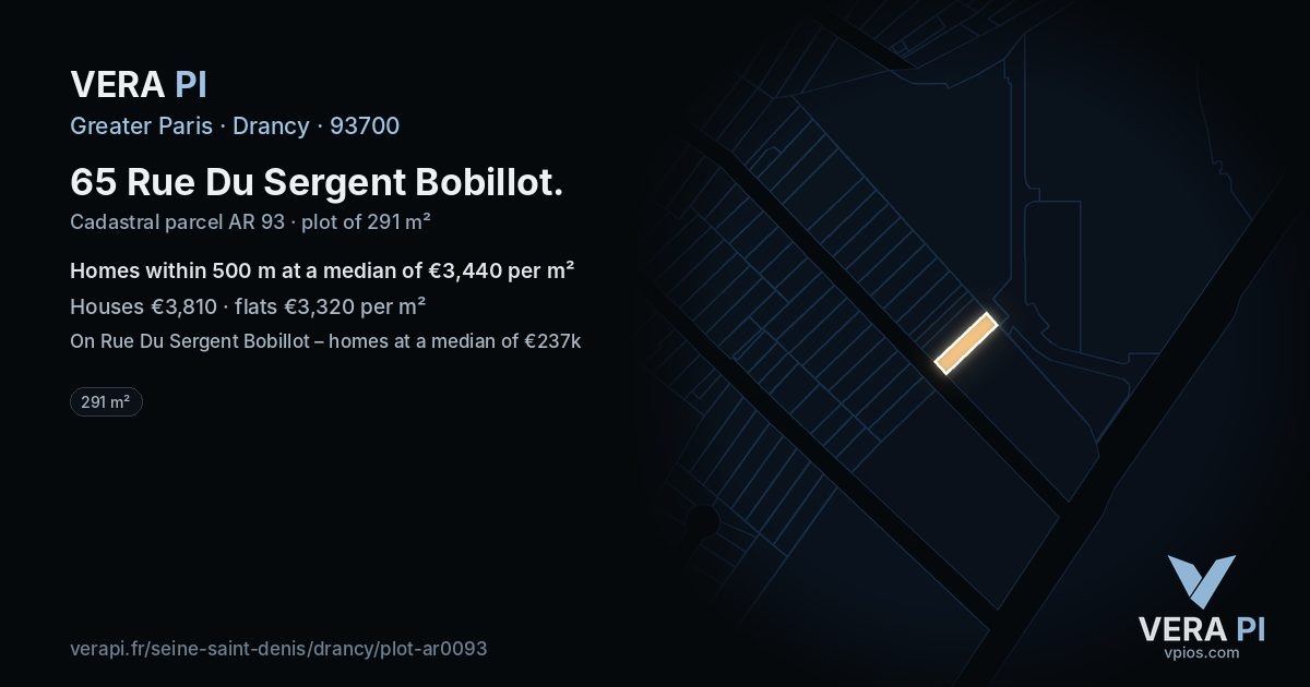 65 Rue Du Sergent Bobillot, Drancy at night – the plot lit, the parcels around coloured by the prices near them