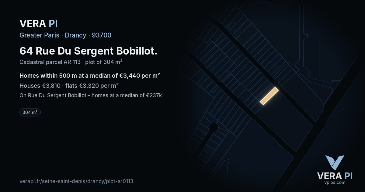 64 Rue Du Sergent Bobillot, Drancy at night – the plot lit, the parcels around coloured by the prices near them