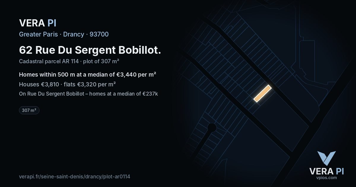 62 Rue Du Sergent Bobillot, Drancy at night – the plot lit, the parcels around coloured by the prices near them