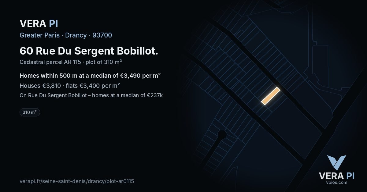 60 Rue Du Sergent Bobillot, Drancy at night – the plot lit, the parcels around coloured by the prices near them