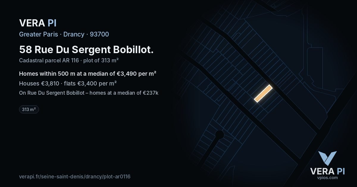 58 Rue Du Sergent Bobillot, Drancy at night – the plot lit, the parcels around coloured by the prices near them