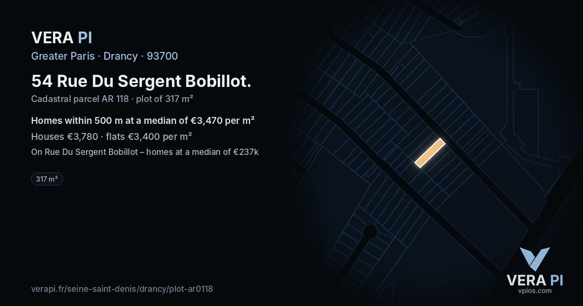 54 Rue Du Sergent Bobillot, Drancy at night – the plot lit, the parcels around coloured by the prices near them