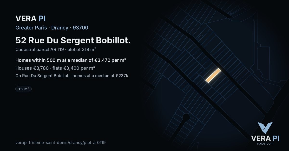 52 Rue Du Sergent Bobillot, Drancy at night – the plot lit, the parcels around coloured by the prices near them
