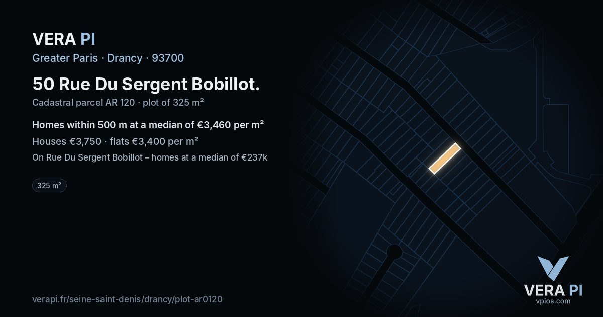 50 Rue Du Sergent Bobillot, Drancy at night – the plot lit, the parcels around coloured by the prices near them