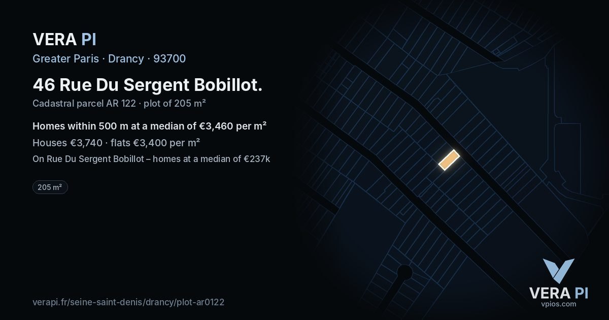 46 Rue Du Sergent Bobillot, Drancy at night – the plot lit, the parcels around coloured by the prices near them
