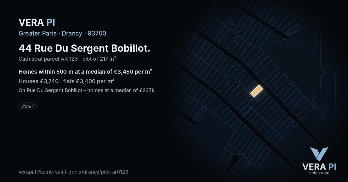 44 Rue Du Sergent Bobillot, Drancy at night – the plot lit, the parcels around coloured by the prices near them