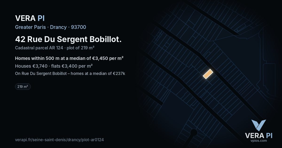 42 Rue Du Sergent Bobillot, Drancy at night – the plot lit, the parcels around coloured by the prices near them