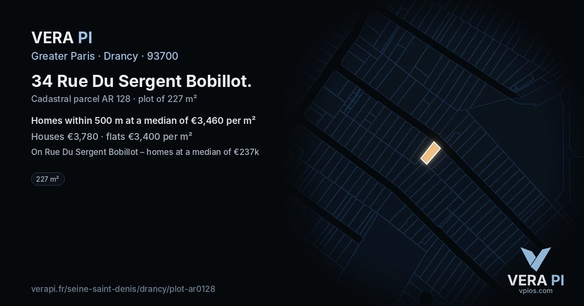 34 Rue Du Sergent Bobillot, Drancy at night – the plot lit, the parcels around coloured by the prices near them