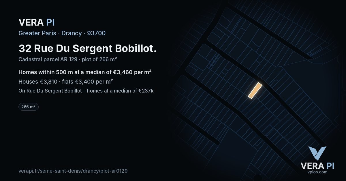 32 Rue Du Sergent Bobillot, Drancy at night – the plot lit, the parcels around coloured by the prices near them