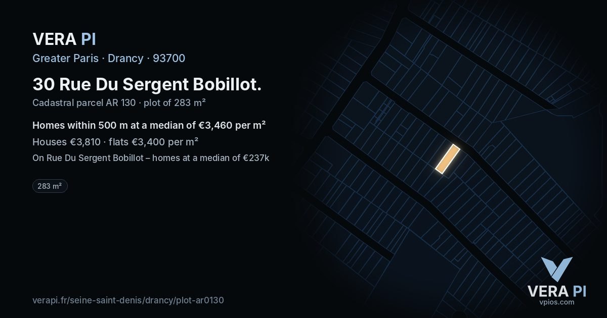 30 Rue Du Sergent Bobillot, Drancy at night – the plot lit, the parcels around coloured by the prices near them