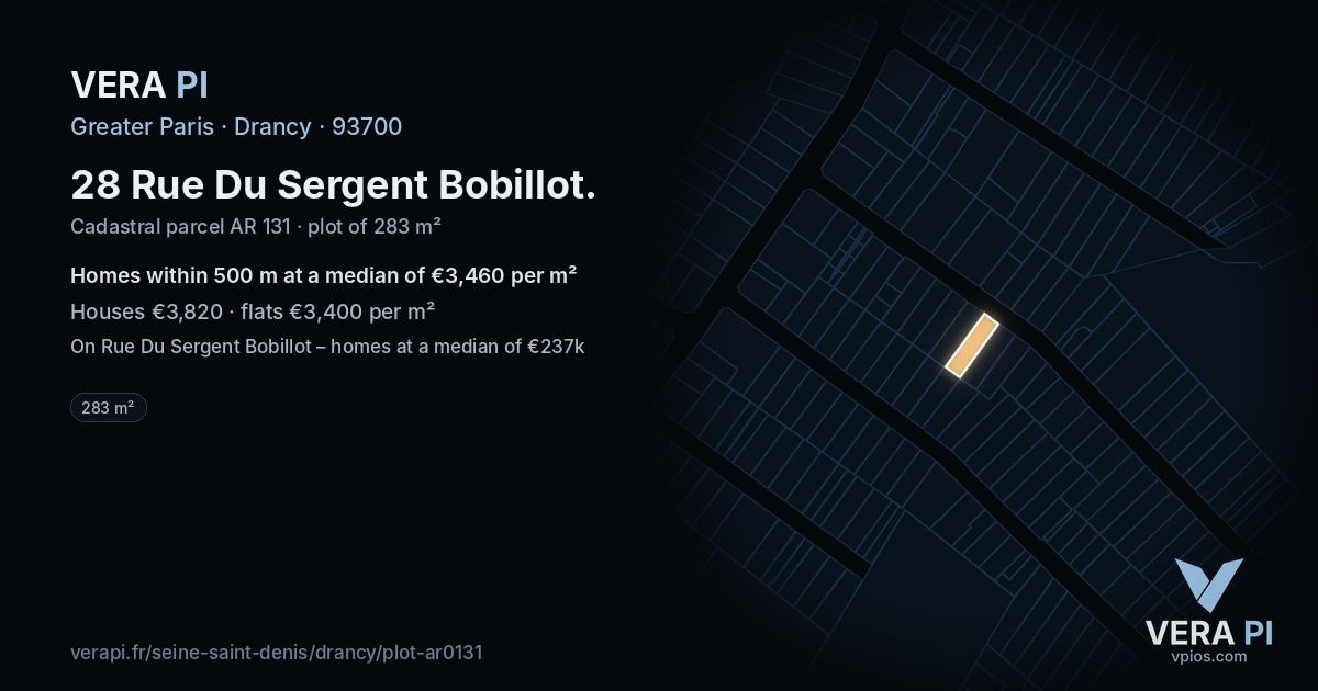 28 Rue Du Sergent Bobillot, Drancy at night – the plot lit, the parcels around coloured by the prices near them