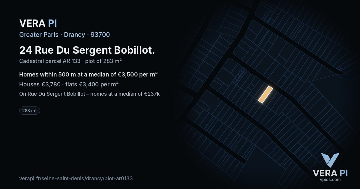 24 Rue Du Sergent Bobillot, Drancy at night – the plot lit, the parcels around coloured by the prices near them