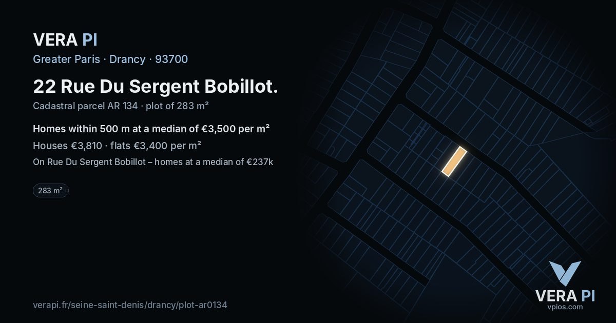 22 Rue Du Sergent Bobillot, Drancy at night – the plot lit, the parcels around coloured by the prices near them