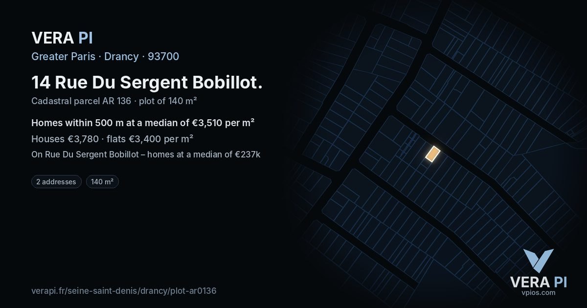 14 Rue Du Sergent Bobillot, Drancy at night – the plot lit, the parcels around coloured by the prices near them