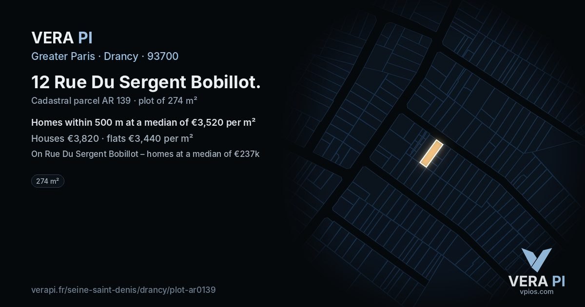 12 Rue Du Sergent Bobillot, Drancy at night – the plot lit, the parcels around coloured by the prices near them