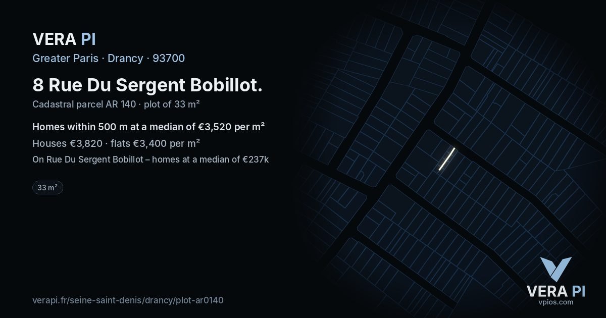 8 Rue Du Sergent Bobillot, Drancy at night – the plot lit, the parcels around coloured by the prices near them