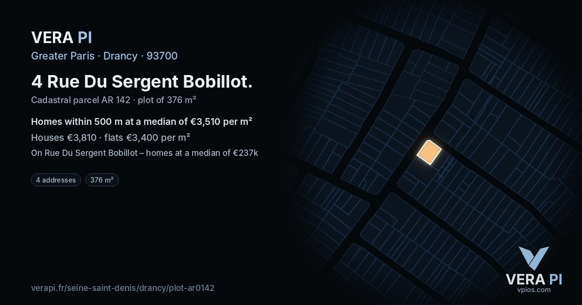 4 Rue Du Sergent Bobillot, Drancy at night – the plot lit, the parcels around coloured by the prices near them