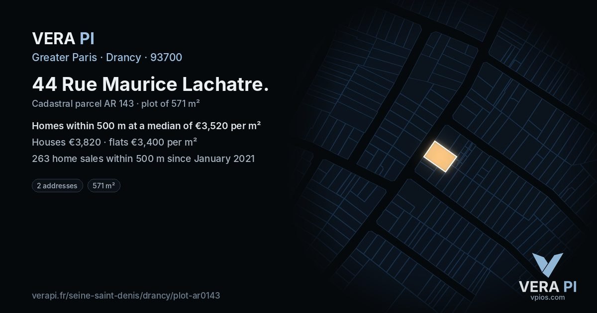 44 Rue Maurice Lachatre, Drancy at night – the plot lit, the parcels around coloured by the prices near them