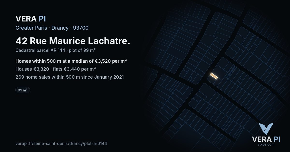 42 Rue Maurice Lachatre, Drancy at night – the plot lit, the parcels around coloured by the prices near them