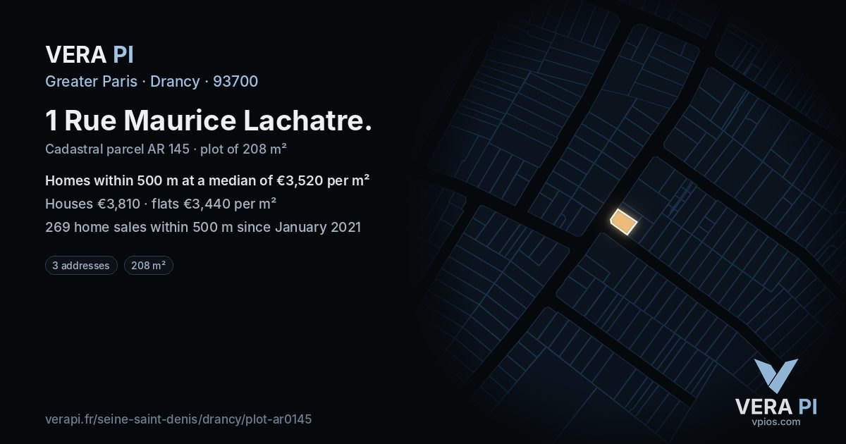 1 Rue Maurice Lachatre, Drancy at night – the plot lit, the parcels around coloured by the prices near them