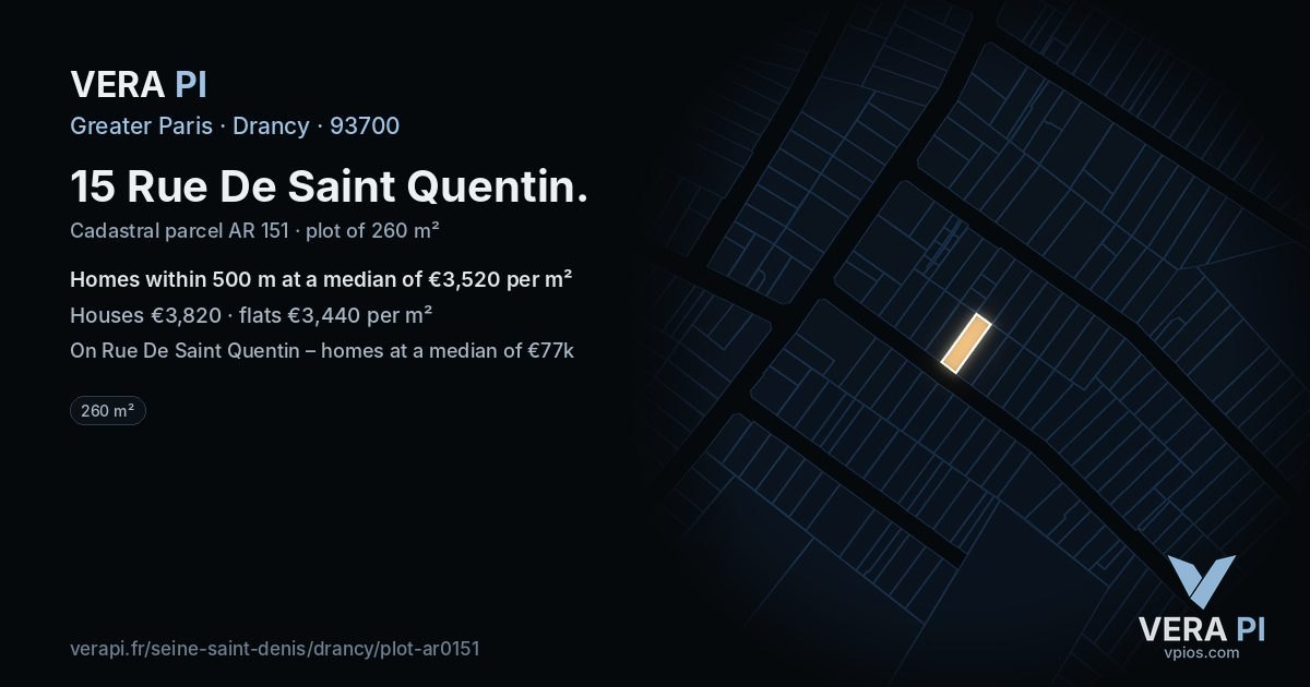 15 Rue De Saint Quentin, Drancy at night – the plot lit, the parcels around coloured by the prices near them