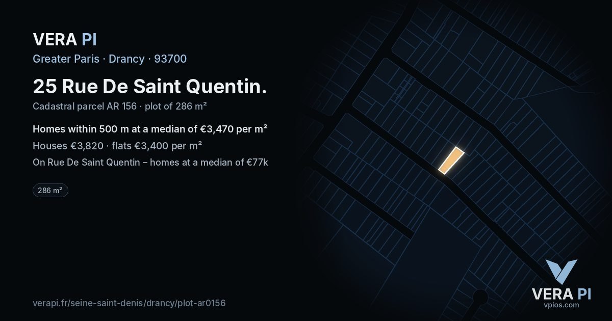 25 Rue De Saint Quentin, Drancy at night – the plot lit, the parcels around coloured by the prices near them