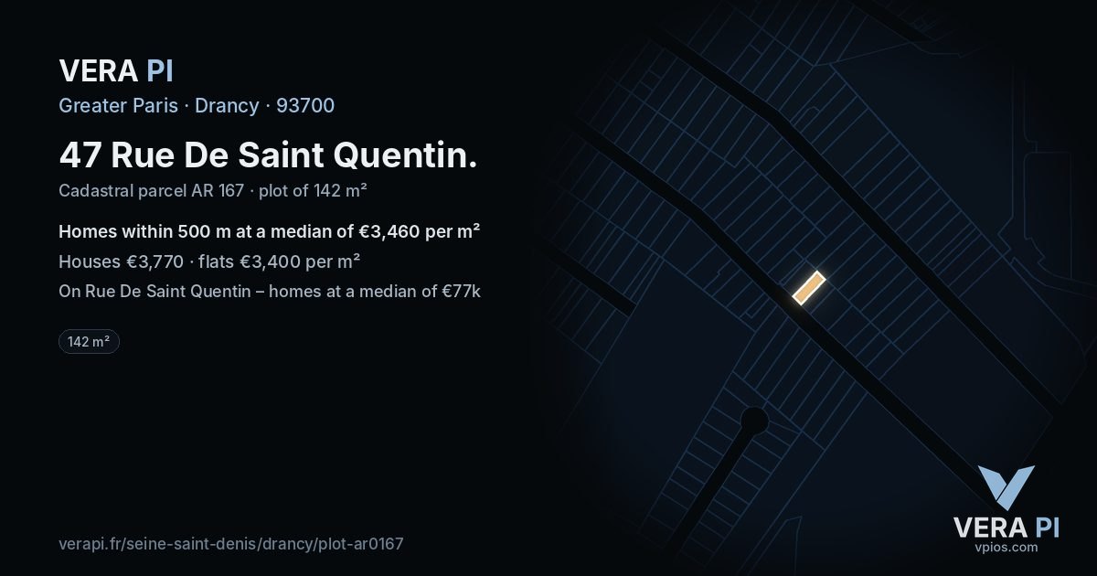 47 Rue De Saint Quentin, Drancy at night – the plot lit, the parcels around coloured by the prices near them
