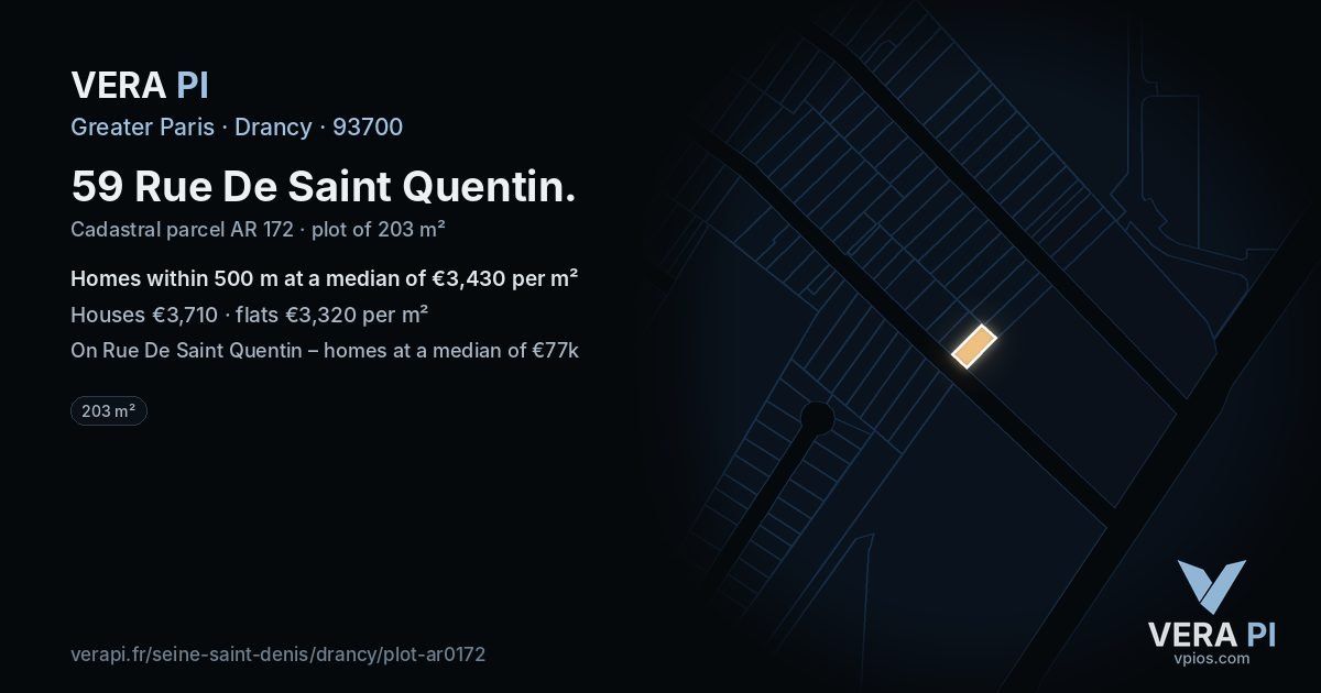59 Rue De Saint Quentin, Drancy at night – the plot lit, the parcels around coloured by the prices near them