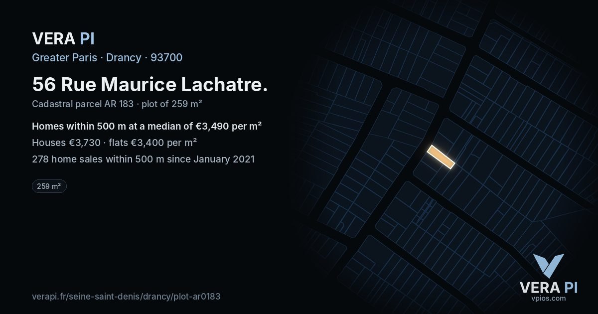 56 Rue Maurice Lachatre, Drancy at night – the plot lit, the parcels around coloured by the prices near them