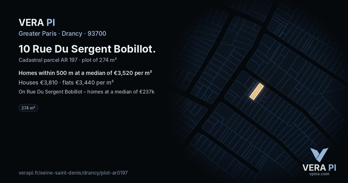 10 Rue Du Sergent Bobillot, Drancy at night – the plot lit, the parcels around coloured by the prices near them
