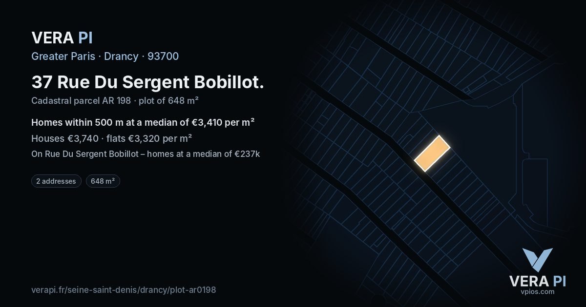 37 Rue Du Sergent Bobillot, Drancy at night – the plot lit, the parcels around coloured by the prices near them