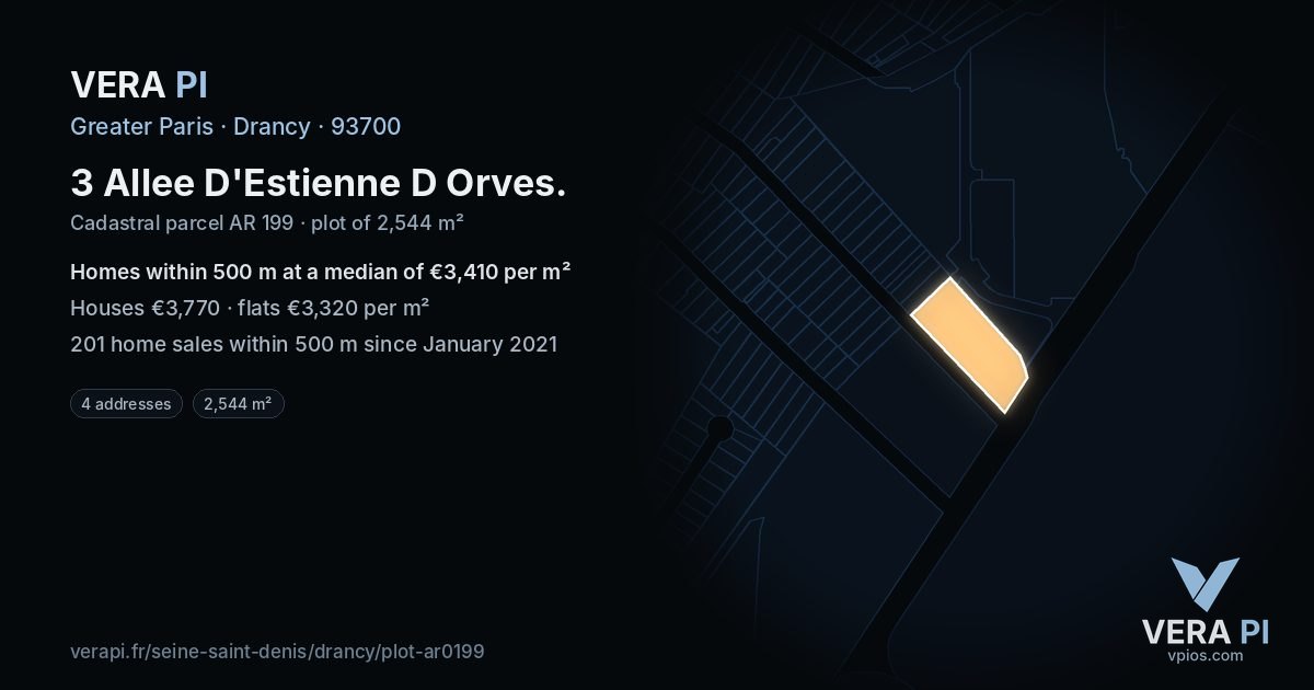 3 Allee D'Estienne D Orves, Drancy at night – the plot lit, the parcels around coloured by the prices near them