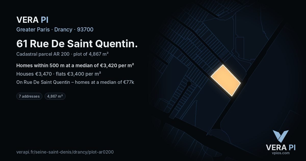 61 Rue De Saint Quentin, Drancy at night – the plot lit, the parcels around coloured by the prices near them