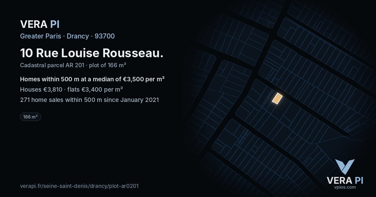 10 Rue Louise Rousseau, Drancy at night – the plot lit, the parcels around coloured by the prices near them