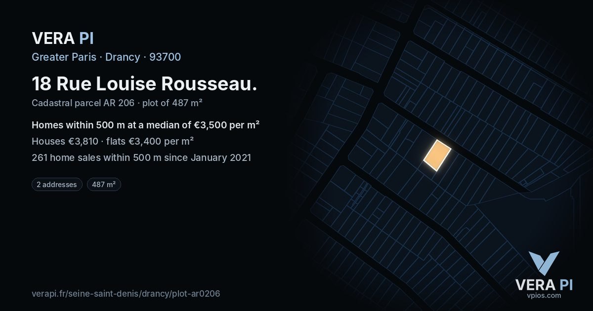 18 Rue Louise Rousseau, Drancy at night – the plot lit, the parcels around coloured by the prices near them
