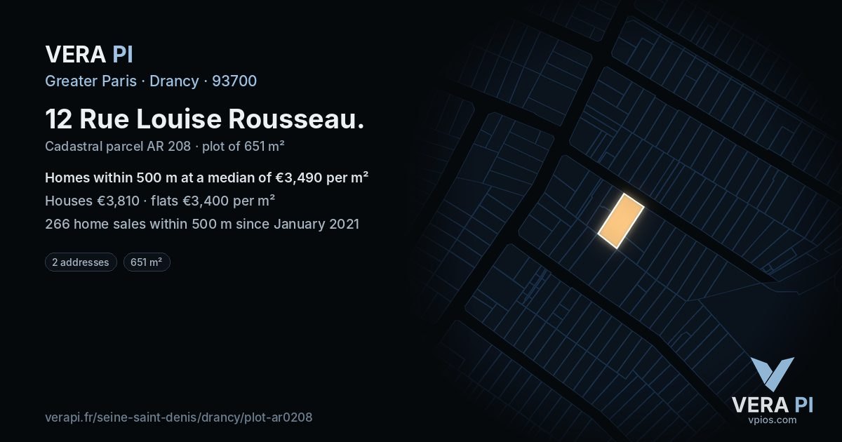 12 Rue Louise Rousseau, Drancy at night – the plot lit, the parcels around coloured by the prices near them