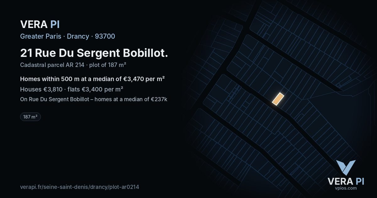 21 Rue Du Sergent Bobillot, Drancy at night – the plot lit, the parcels around coloured by the prices near them