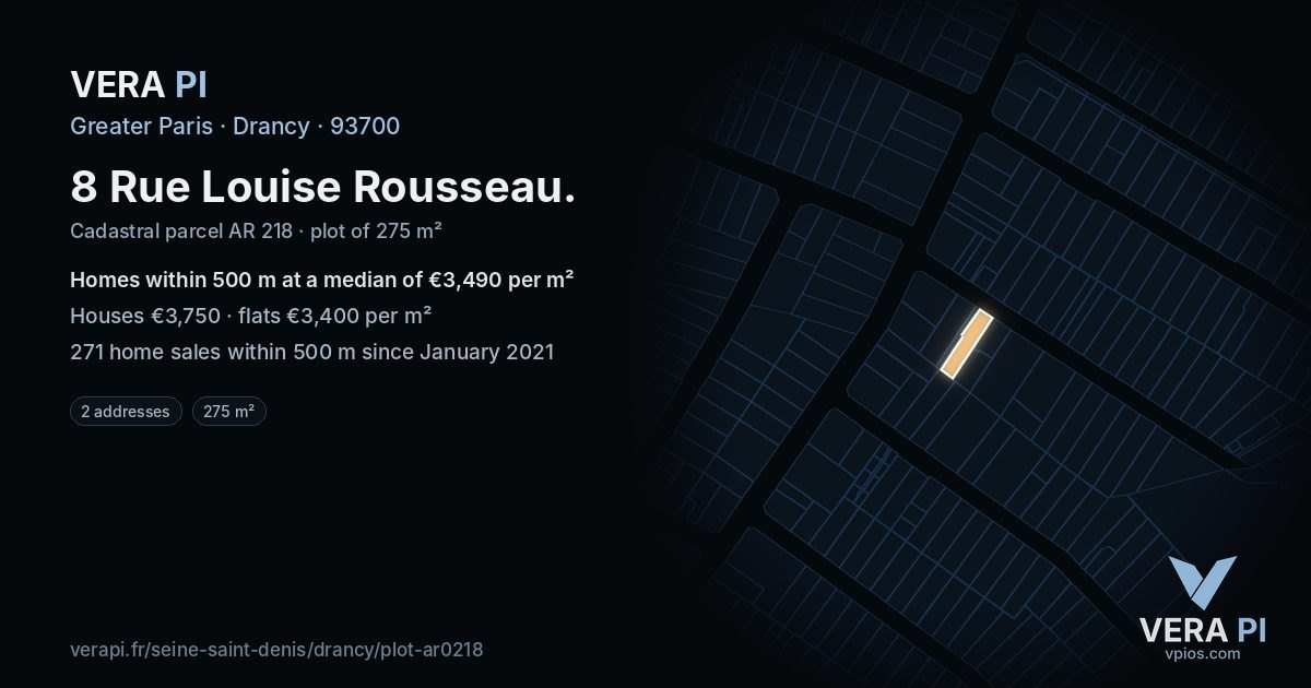 8 Rue Louise Rousseau, Drancy at night – the plot lit, the parcels around coloured by the prices near them