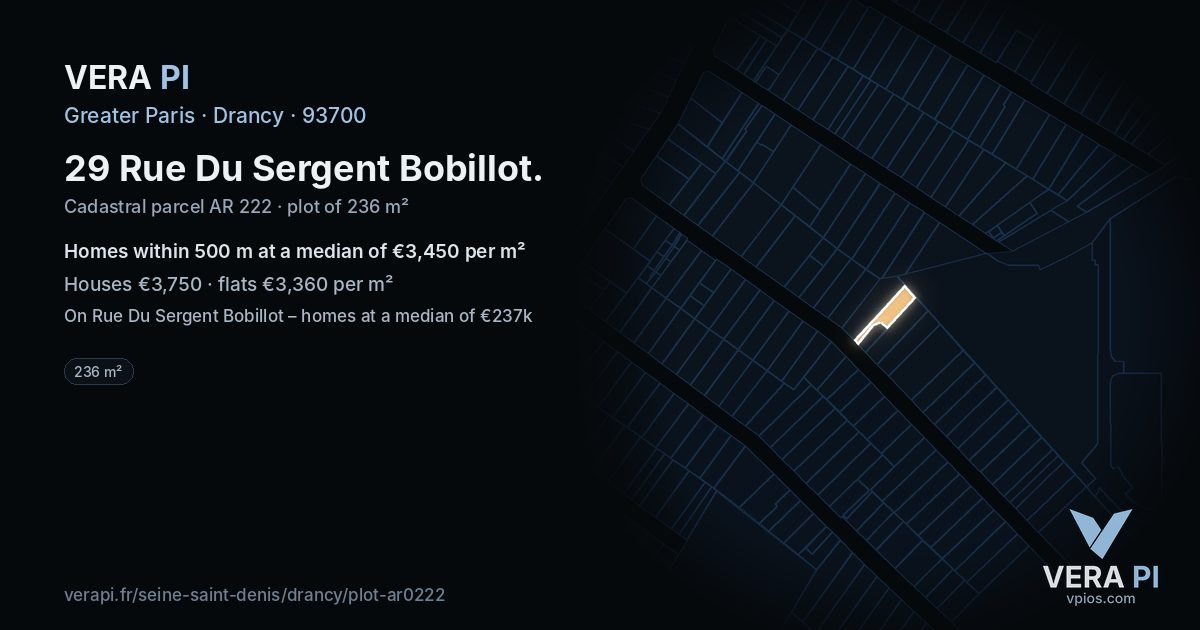 29 Rue Du Sergent Bobillot, Drancy at night – the plot lit, the parcels around coloured by the prices near them